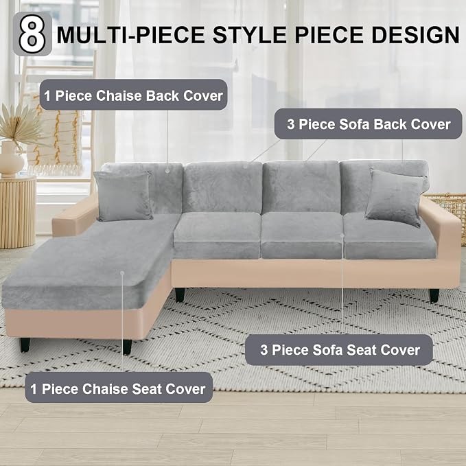 NAISI Sectional Couch Covers 8 Pieces Velvet Couch Cushion Covers L Shape Soft - Image 5