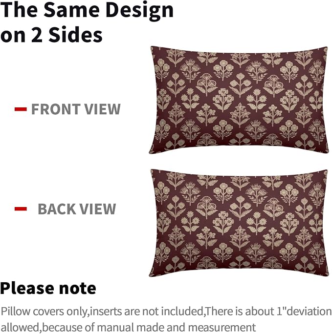 Burgundy Pillow Covers 12x20 Inch Set of 2, Cream Floral Block Print Pattern - Image 4