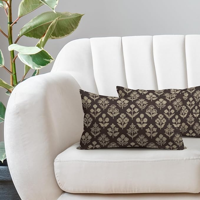 Drak Brown Pillow Covers 12x20 Inch Set of 2, Cream Floral Block Print Pattern - Image 5