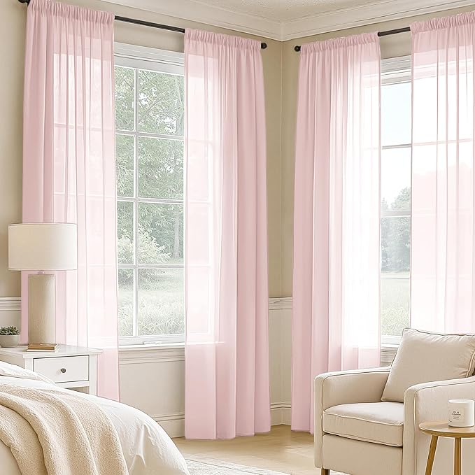 MIULEE Blush Pink Sheer Curtains 108 Inches Long, 4 Panels Set, Light Filtering - Image 2