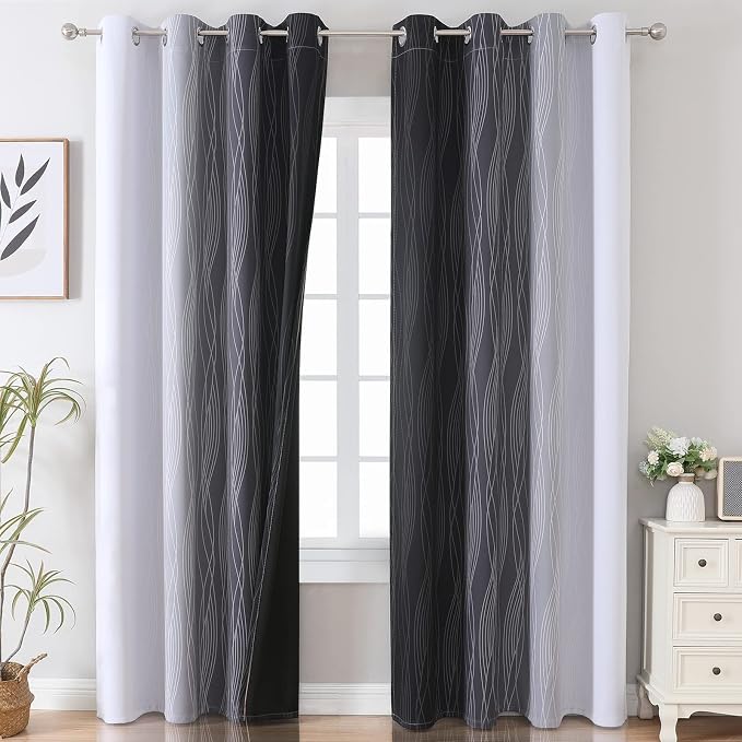 Estelar Textiler Black and Greyish White Blackout Curtains 108 Inches Long - Image 2