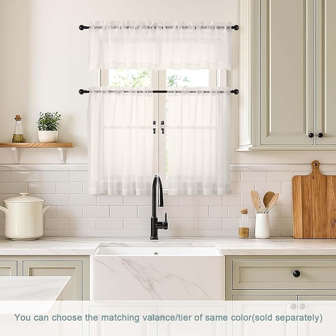 Ivory Valances for Windows 14 inch Length 2 Panels Set, Small Voile Sheer - Image 2