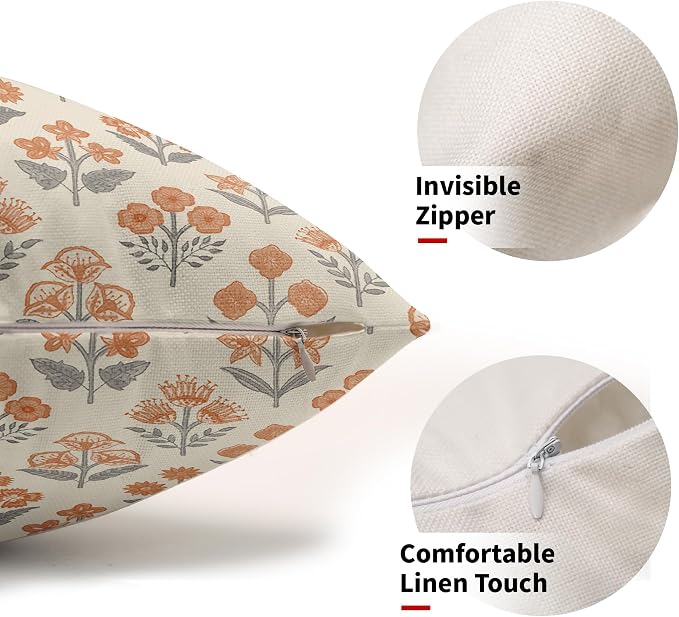 Orange Grey Gray Floral Pillow Covers 12x20 Inch Set of 2, Block Print Lumbar - Image 2