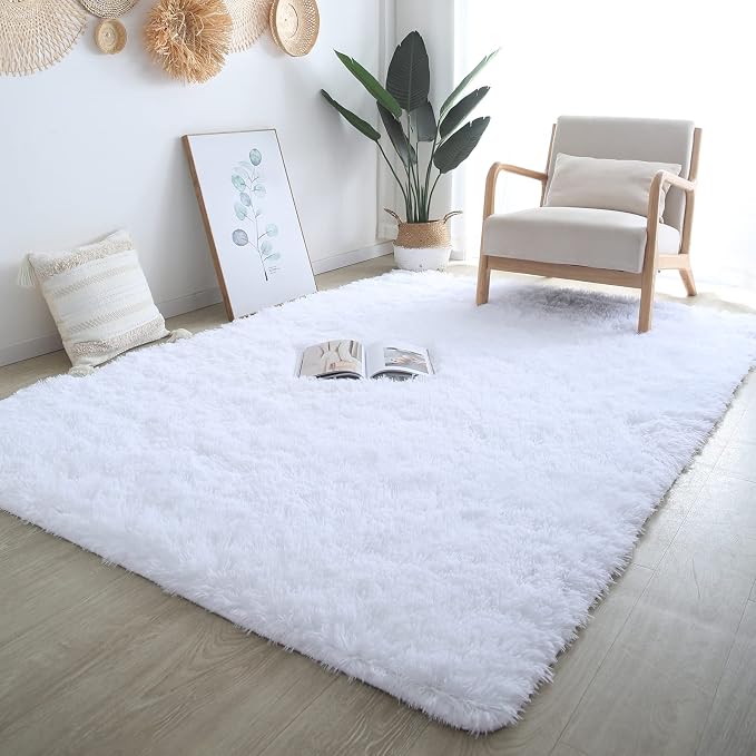 White Rug 5x8 for Living Room: White Fluffy Area Rugs for Bedroom-White Shag - Image 3