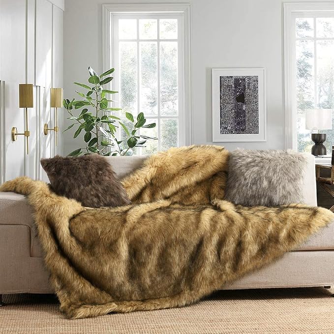 Luxury Plush Faux Fur Throw Blanket, Long Pile Golden Yellow - Image 2