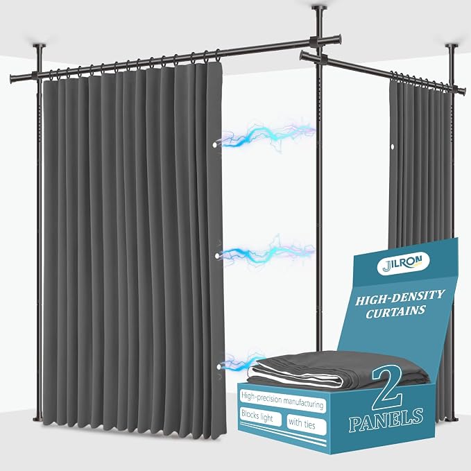 Jilron No-Drill Room Divider Curtains Set: Includes 106" W x 84" L Grey Curtain by JILRON