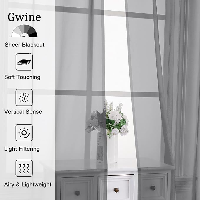 Gwine Charcoal Grey Sheer Curtains 84 Inches Long 2 Panels Set - Image 2