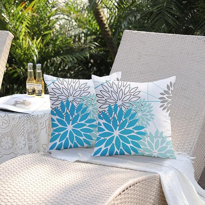 DFXSZ Outdoor Waterproof Summer Pillow Covers 20x20 Set of 2 Blue Floral - Image 5