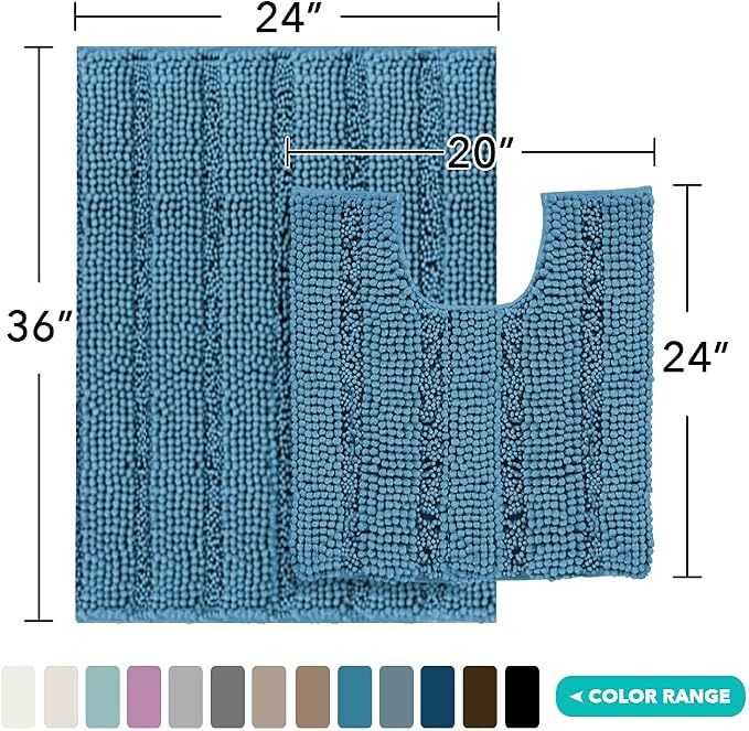 Turquoize Chenille Bathroom Rugs Set Non-Slip Bath Mats - Image 2