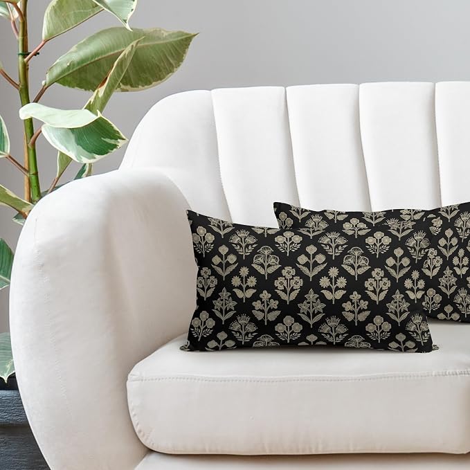 Black Pillow Covers 12x20 Inch Set of 2, Cream Floral Block Print Pattern - Image 5