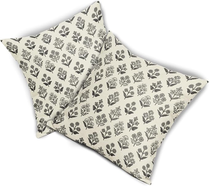Black Grey Gray Block Print Pillow Covers 16x16 Inch Set of 2, Vintage Floral - Image 8
