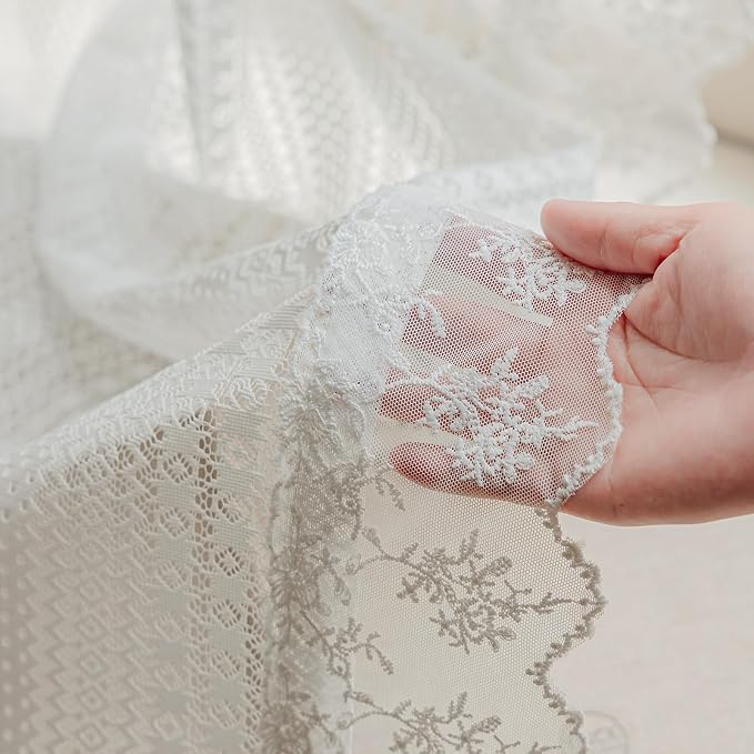Rinwoc White Lace Semi-Sheer Valance Cafe Curtains 2 Panels – Vintage Boho - Image 6