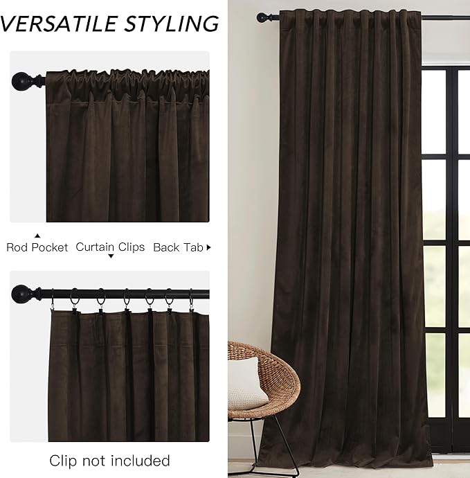 RYB HOME Brown Blackout Curtains 90 inches Long Velvet, Room Darkening Thermal - Image 3