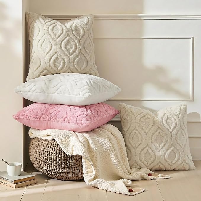 decorUhome Throw Pillow Covers 24x24 Inch Set of 2, Soft Plush Faux Wool Beige - Image 4