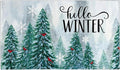 Hello Winter Door Mat Outdoor for Front Door, Pine Trees Snowy Forest Red by Xsinufn