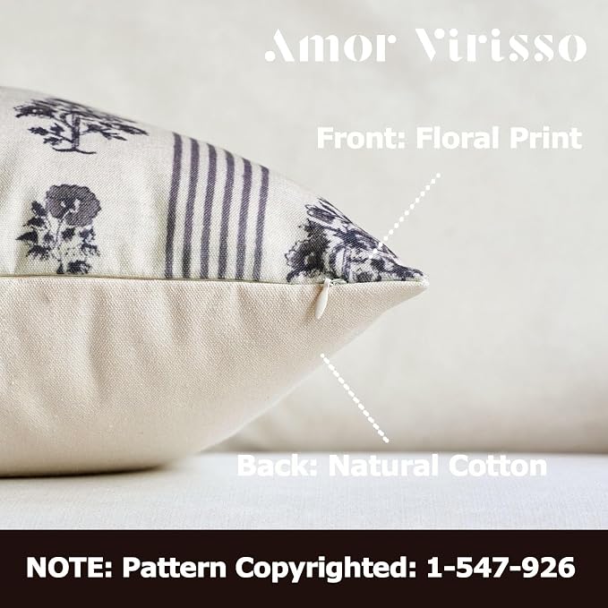 Amor Virisso Floral Throw Pillow Covers 20x20 Set of 2 Block Print Pillow - Image 2