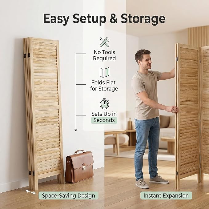 Bluecat 8 Panel Room Divider, Freestanding Solid Wood Partition Wall - Image 3