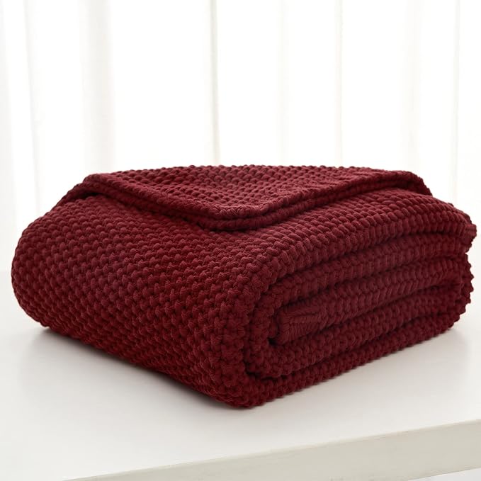 Longhui bedding Chunky Cable Knit Throw Blanket Lightweight Burgundy 100% - Image 3