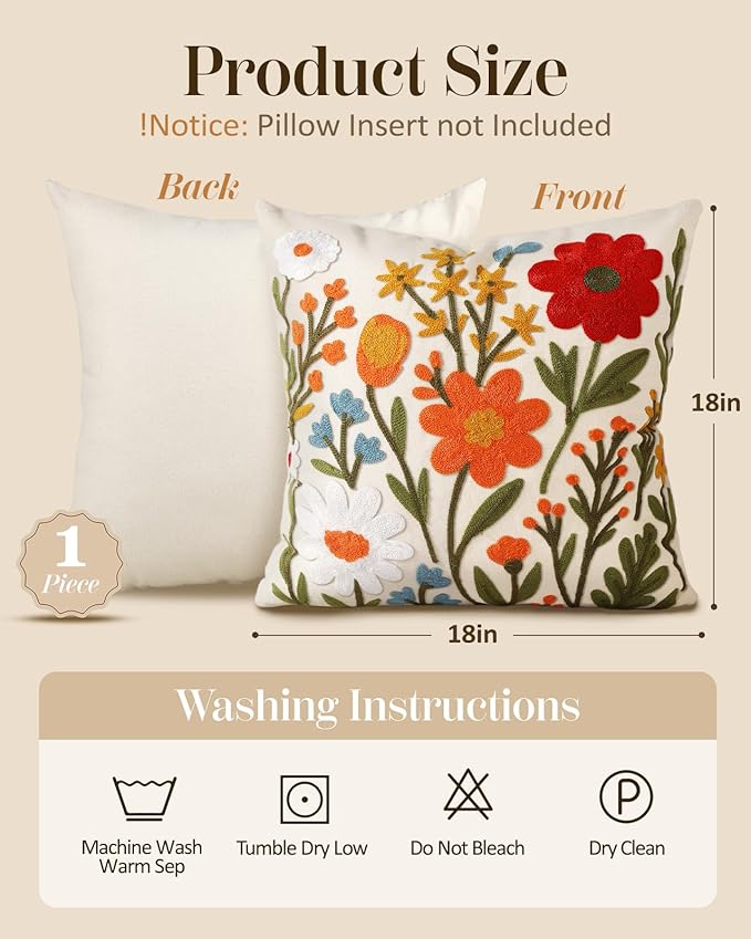 Embroidered Throw Pillow Cover 18x18 Inch - Image 4