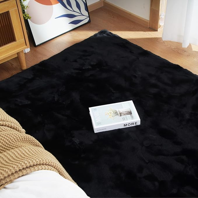 Latepis Small Black Fluffy Rug 2x3 Throw Faux Rabbit Fur Soft Rug Washable - Image 7