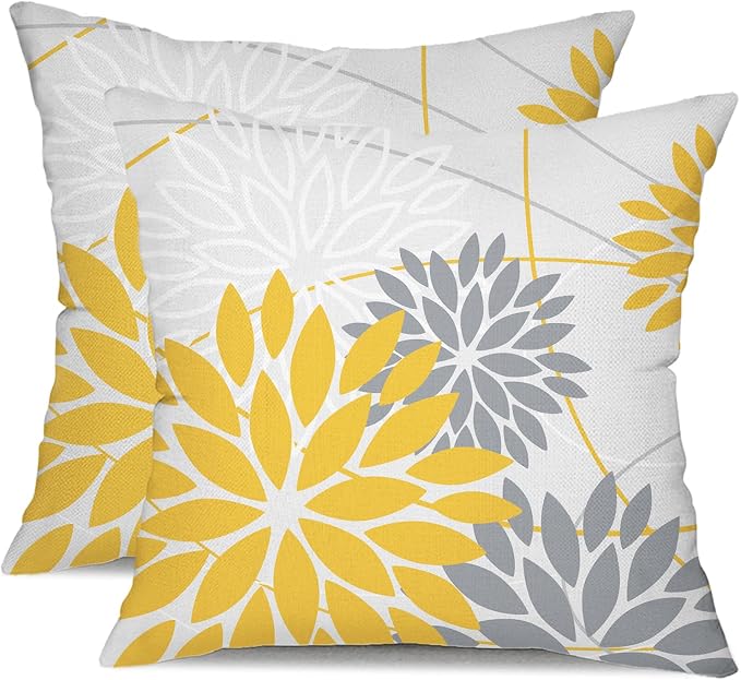 DFXSZ Yellow and Grey Floral Pillow Covers 20x20 Set of 2 Outdoor Waterproof by DFXSZ