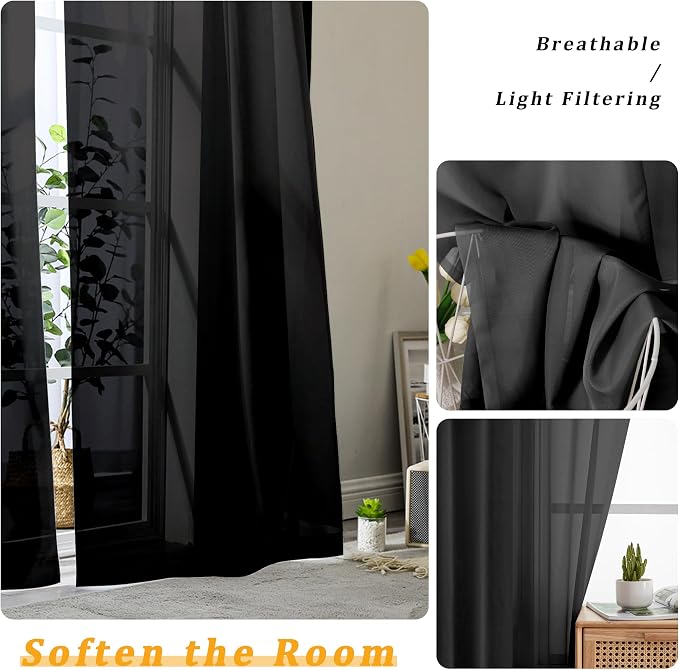 Gwine Sheer Black Curtains 96 Inches Long 2 Panels Set, Light Filtering Voile - Image 3