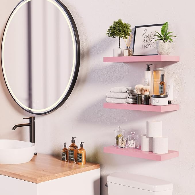 BAYKA Pink Floating Shelves for Wall – 15.7in Wood Wall Shelves for Bathroom - Image 2