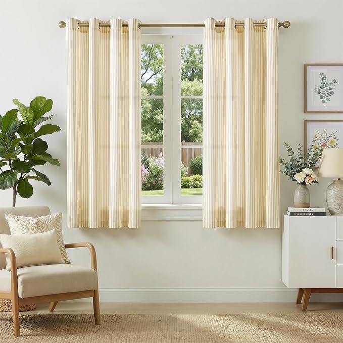 jinchan Linen Curtains for Living Room Yellow Vertical Striped on White by JINCHAN