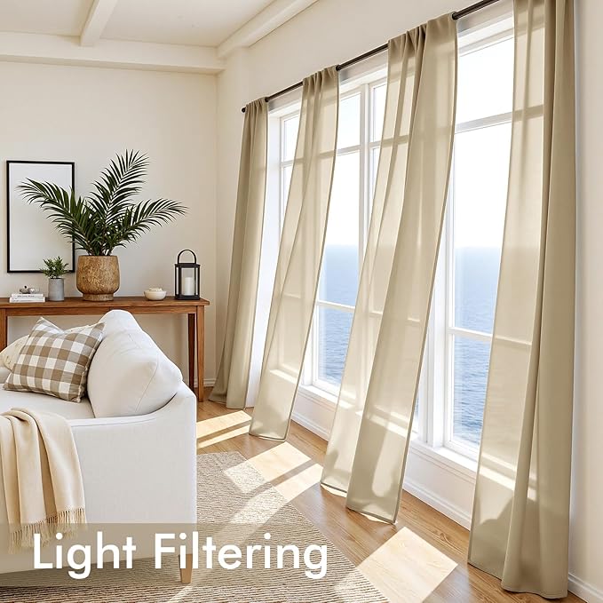 MIULEE Beige Sheer Curtains 102 Inches Long, 4 Panels Set, Light Filtering Rod - Image 4