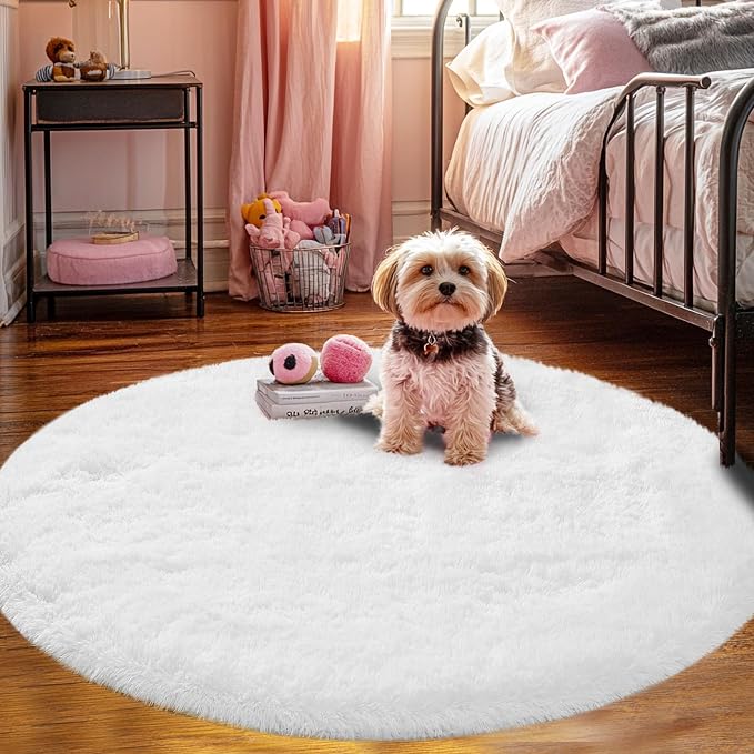 Round Fluffy White Rug 4x4ft: Ultra Soft Furry Girls Bedroom Carpet- Oval Plush - Image 3
