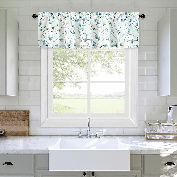 Leeva Floral Kitchen Valances for Windows, Smooth Linen Textured Short Valance by Leeva