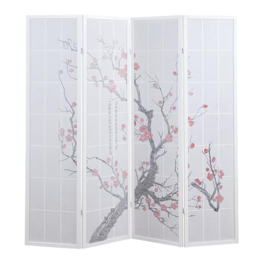 Roundhill Furniture White Japanese 4-Panel Screen Room Divider, Plum Blossom - Image 5