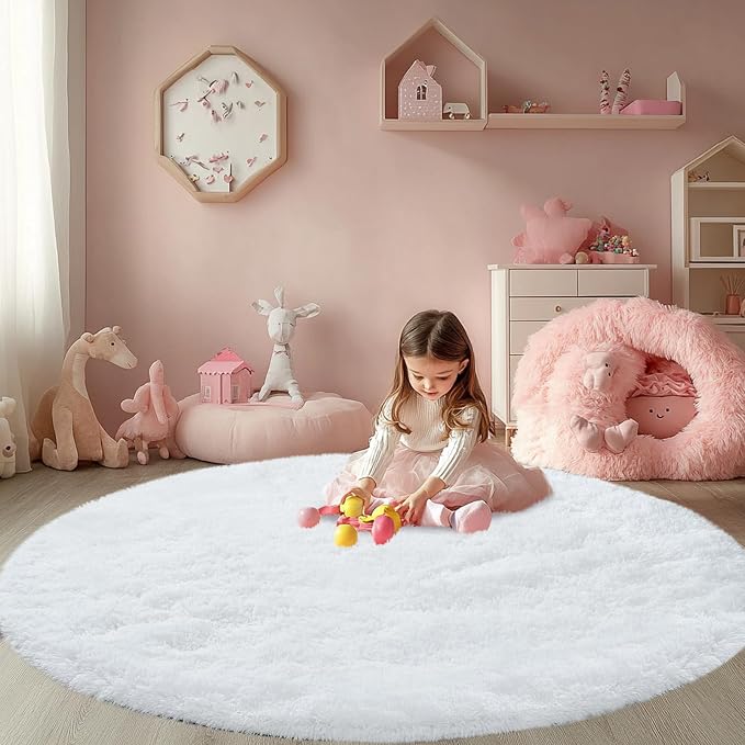 Round Fluffy White Rug 4x4ft: Ultra Soft Furry Girls Bedroom Carpet- Oval Plush by CAIYUECS