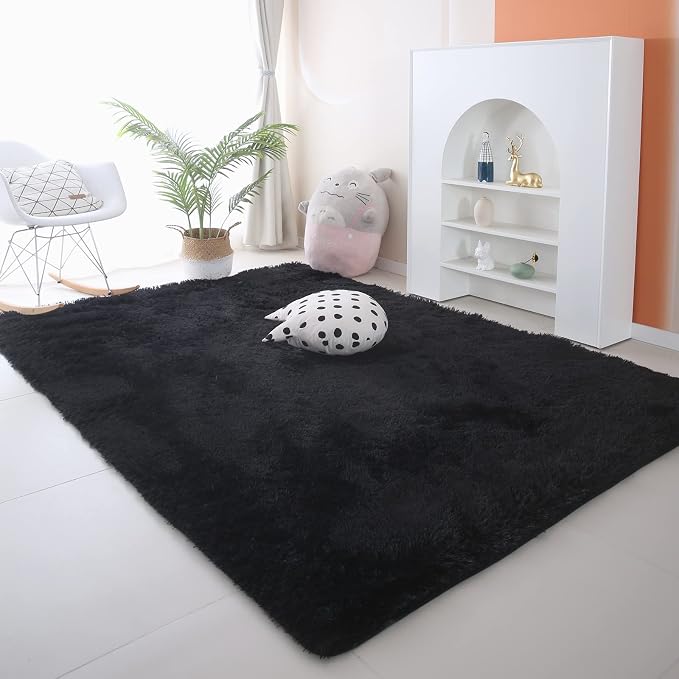 Black Area Rug for Living Room: 5x8 Black Fluffy Area Rugs for Bedroom-Shag - Image 3