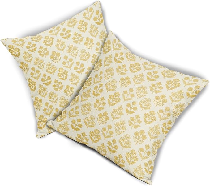 Yellow Floral Pillow Covers 24x24 Inch Set of 2, Vintage Flower Block Print - Image 8