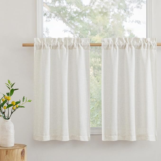 RYB HOME Flax Linen Curtains 24 inch Length, Semi Sheer Window Topper Tiers by RYBHOME