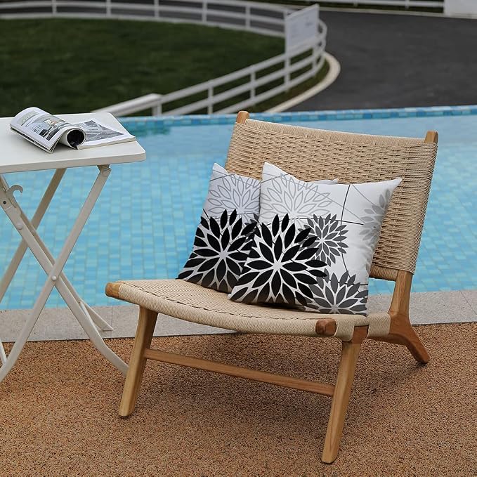Black Grey Floral Pillow Covers 18x18 Set of 2 Outdoor Waterproof White Colored - Image 3