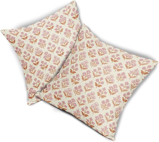 Orange Pink Floral Pillow Covers 24x24 Inch Set of 2, Vintage Flower Block - Image 8