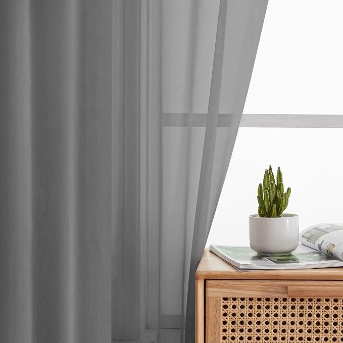 Sheer Grey Curtains for Bedroom Living Room 63 Inch Length 2 Panels, Airy Soft - Image 6