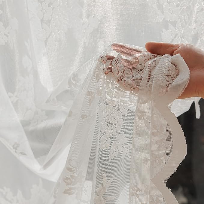 Rinwoc White Lace Semi-Sheer Valance Cafe Curtains – Vintage Floral Lace Tier - Image 6