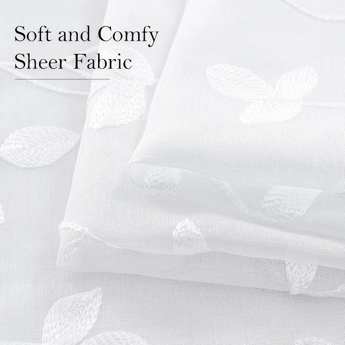 HOMEIDEAS White Sheer Curtains 52 X 84 Inches Length 2 Panels Embroidered Vine - Image 4