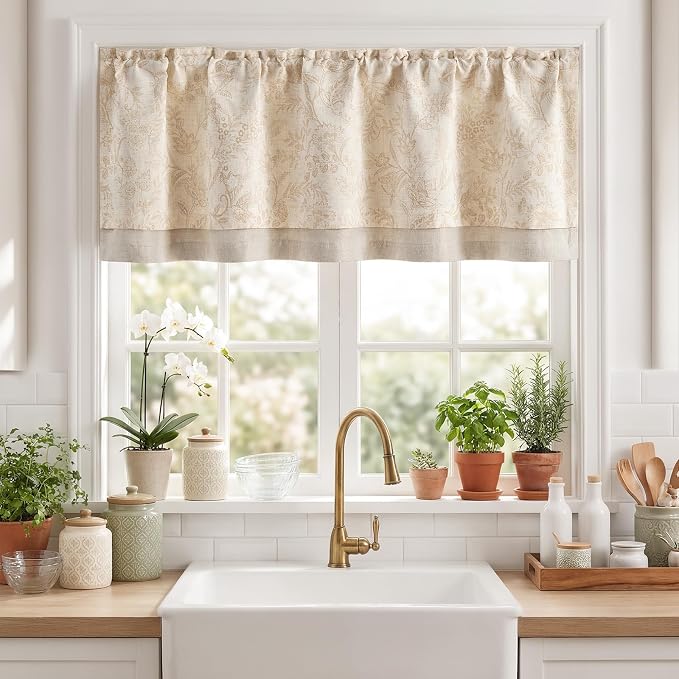 jinchan Linen Valance Curtain Farmhouse Floral Printed Small Window Curtain - Image 2