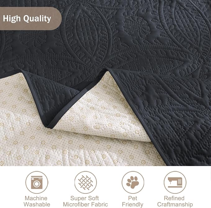 Soft Quilted Couch Cover, Medallion Designed Anti-Slip Blue Gray Sofa Slipcovers - Image 6