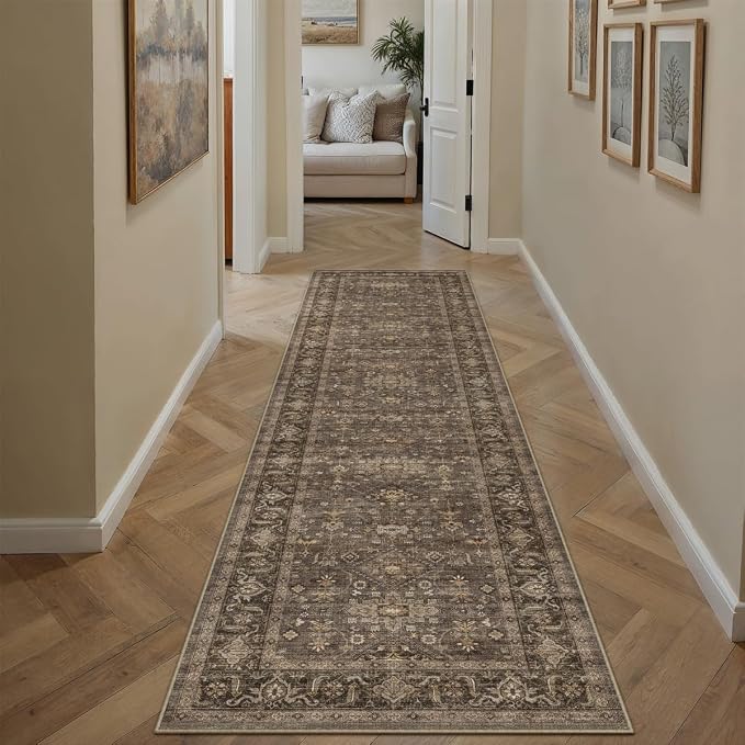 2x12 Washable Runner Rug for Hallway Kitchen Vintage Brown Non Slip Low Pile - Image 5