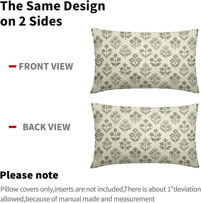 Sage Green Floral Pillow Covers 12x20 Inch Set of 2, Block Print Lumbar Flower - Image 4