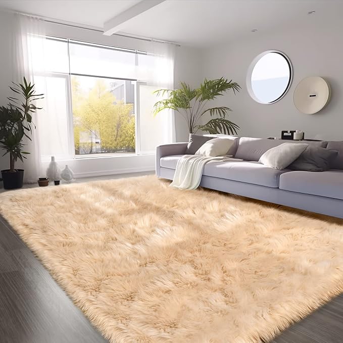 SERISSA Ultra Soft Faux Fur Rug 6x9 Feet, Fluffy Shaggy Area Rug Beige Faux by SERISSAHomeDecorCollection