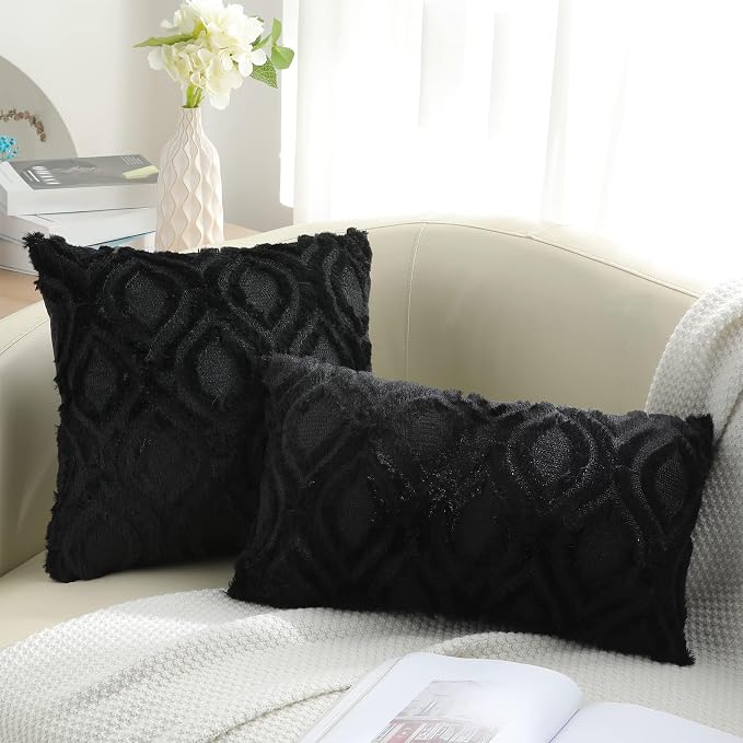 decorUhome Throw Pillow Covers 18x18 Inch Set of 2, Soft Plush Faux Wool Black - Image 6