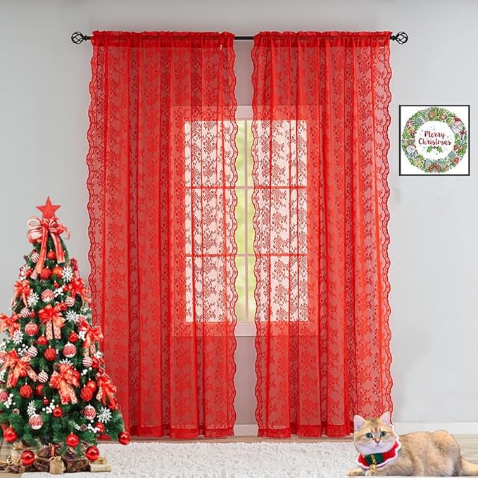 YJ YANJUN Vintage Lace Curtains 84 Inches Long-Victorian Floral Pattern Red by YJYANJUN