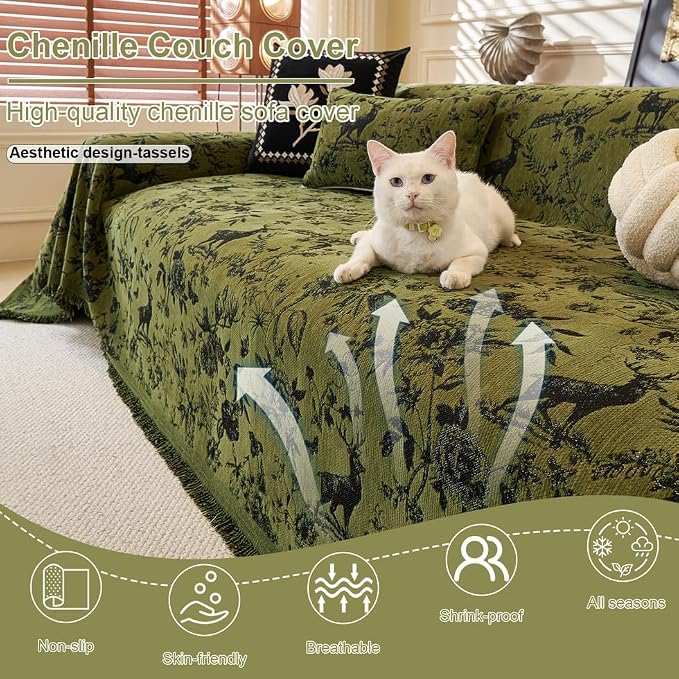ROOMLIFE Green Couch Cover Sofa Covers, Chenille Couches Covers - Image 2