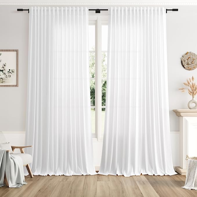 White Large Window Curtains Light Filtering Semi Sheer Privacy Linen Textured by Nanspring